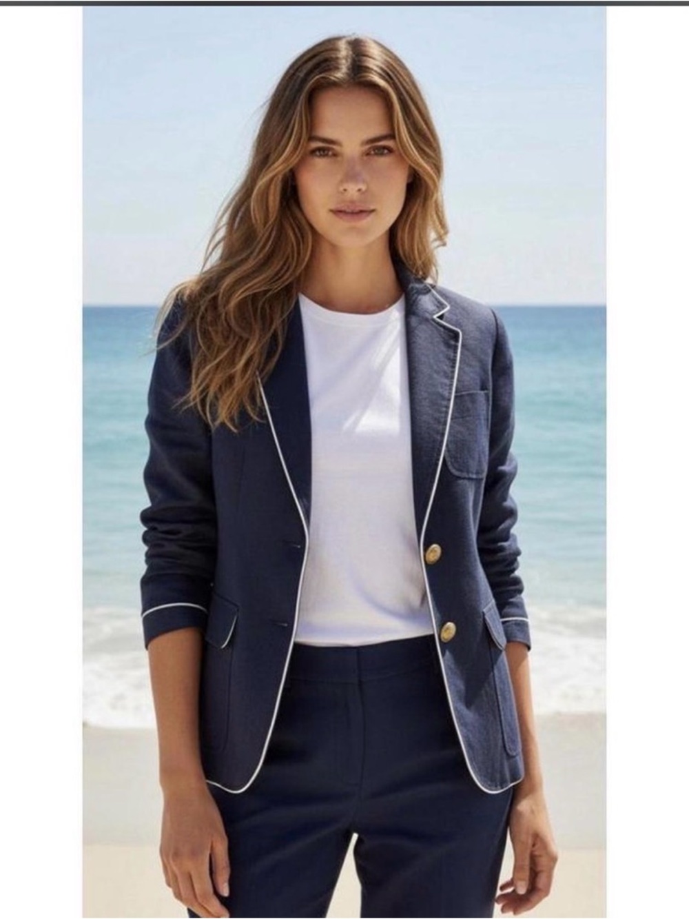J. Crew Navy linen nautical preppy Blazer with White Piping and Gold Buttons - Picture 2 of 7